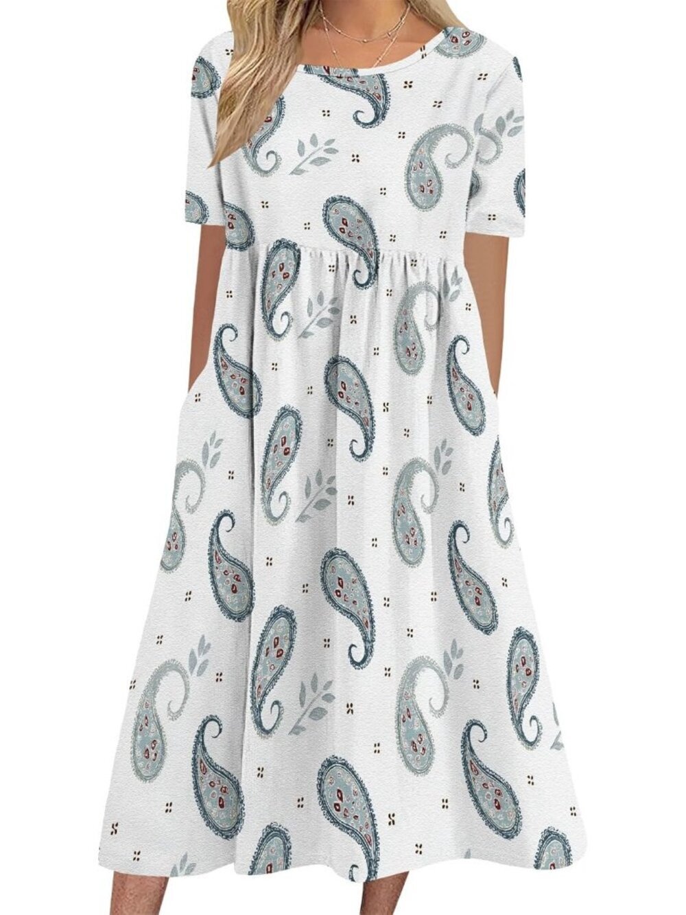 Women's Grey Blue Sleeve Crewneck Floral Print Casual Mode Maxi Long Dress